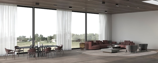 Minimale interieur design eetkamer en woonkamer met panoramische grote ramen 3d render illustratie.