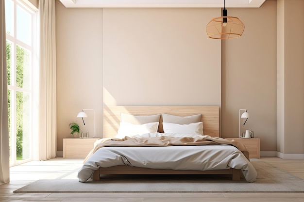 Minimale interieur slaapkamer met beige gezellige toonstijl versierd met houten bed Generative Ai