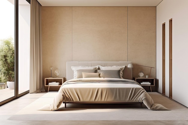 Minimale interieur slaapkamer met beige gezellige toonstijl versierd met houten bed Generative Ai