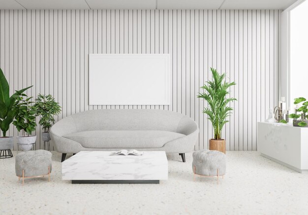 Minimale interieur stijl poster Mock up de woonkamer muur kopieer ruimte 3D rendering