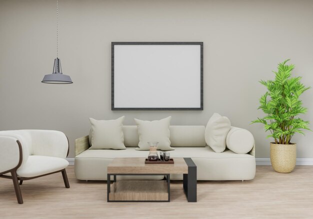 Minimale interieur stijl poster Mock up de woonkamer muur kopieer ruimte 3D rendering