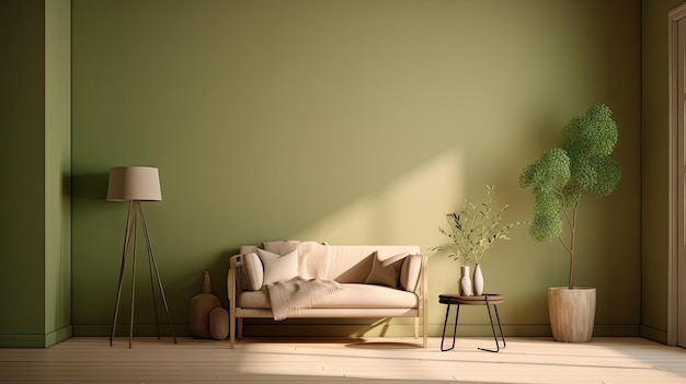 Minimale interieur woonkamer met beige gezellige toonstijl versierd met fauteuil Generative Ai