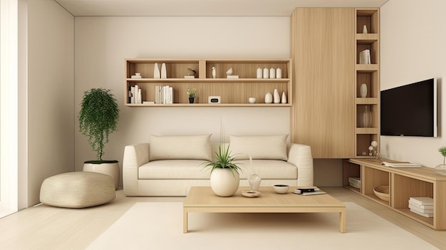 Minimale interieur woonkamer met beige gezellige toonstijl versierd met houten Generative Ai