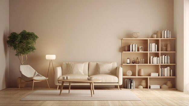 Minimale interieur woonkamer met beige gezellige toonstijl versierd met sofa Generative Ai