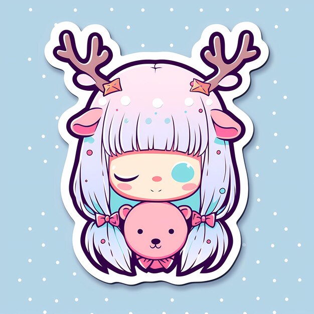 Minimale Japanse Kawaii Christmas Deer Girl Chibi Anime Vector Art Sticker met strakke vetgedrukte lijn