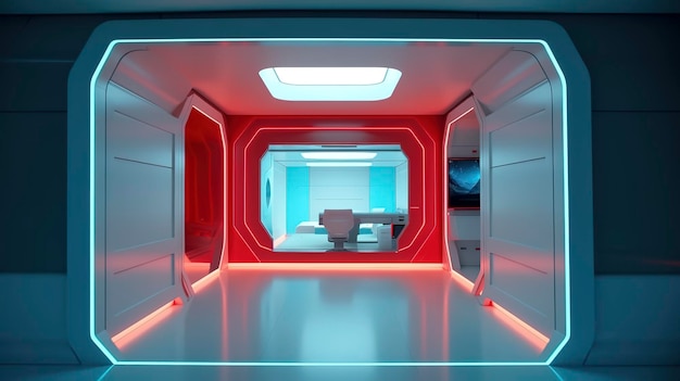 Minimale kamer achtergrond kantoor aan huis binnen minimaal ruimteschip interieur witte muren een portaalvenster dat opent naar ruimtesterrenstelsel verlicht met rood en groenblauw neon