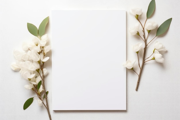 Minimale lege papieren kaart mock-up met witte bloemen Lente vakantieconcept met copyspace