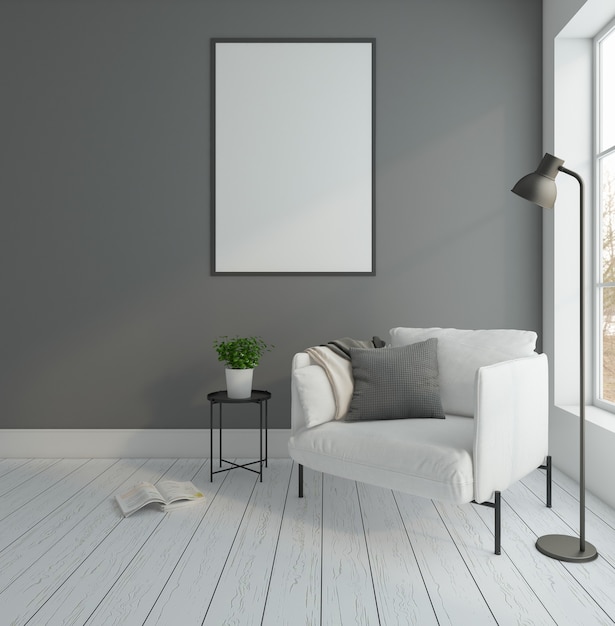 Minimale lege ruimte met fauteuil en grijze muur vloerlamp afbeeldingsframe 3D-rendering