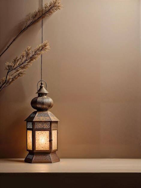 minimale lichtbruine achtergrond met 3D traditionele lantaarn op de hoek