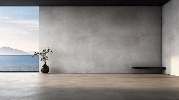 minimale loft stijl lege kamer met uitzicht op de zee achtergrond