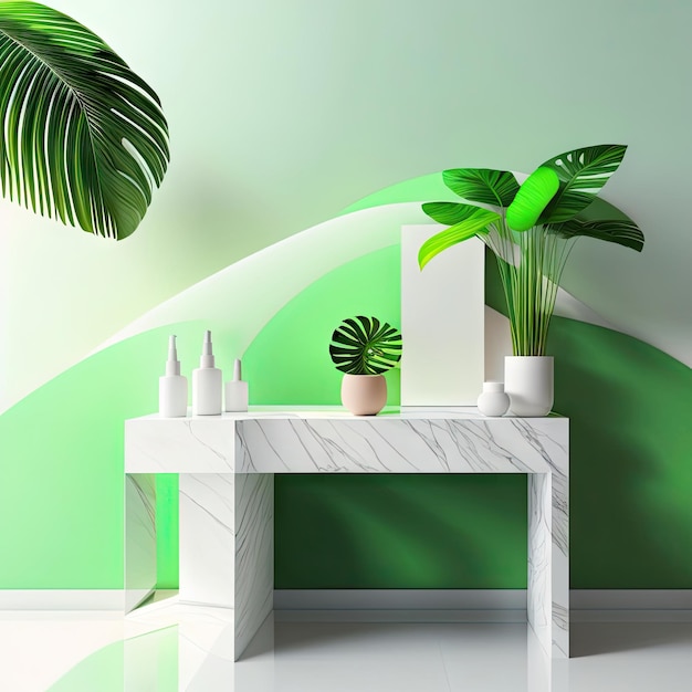 Minimale moderne witte marmer steen toonbank tafel tropische monstera plant boom in het zonlicht op groen