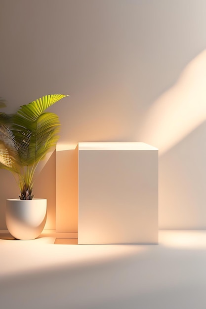 Minimale natuurlijke hout podium tafel in zonlicht palmblad schaduw in blanke crème witte muur voor m