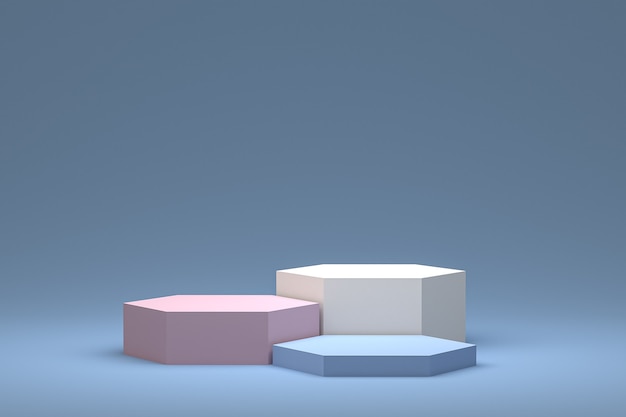 Minimale podium- of voetstukweergave op blauwe achtergrond voor cosmetische productpresentatie