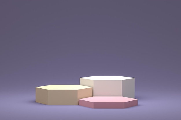 Minimale podium- of voetstukweergave op paarse achtergrond voor cosmetische productpresentatie