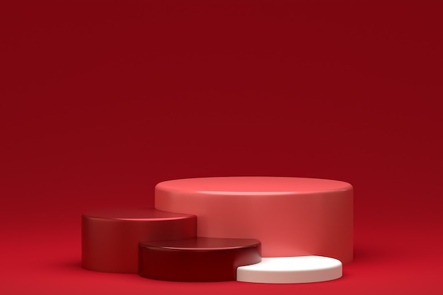 Minimale podium- of voetstukweergave op rode achtergrond voor cosmetische productpresentatie