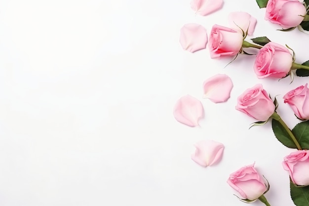 Minimale roze rozen en witte achtergrond kopieerruimte