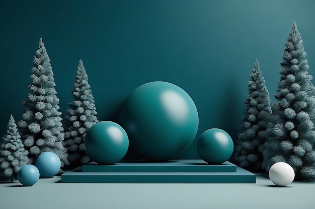 Minimale scène met ballen en pijnbomen podium middernacht groene blauwe vormen voor kerstvakantie winter concept en tijdschriften poster banner 3D rendering