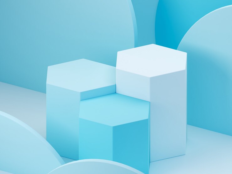 Minimale scène met podium en abstracte achtergrond. Geometrische vorm. Blauwe pastelkleuren scène. Minimale 3D-weergave. Scène met geometrische vormen en blauwe achtergrond. 3D render.
