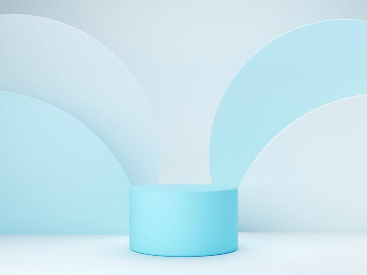 Minimale scène met podium en abstracte achtergrond. Geometrische vorm. Blauwe pastelkleuren scène. Minimale 3D-weergave. Scène met geometrische vormen en blauwe achtergrond. 3D render.