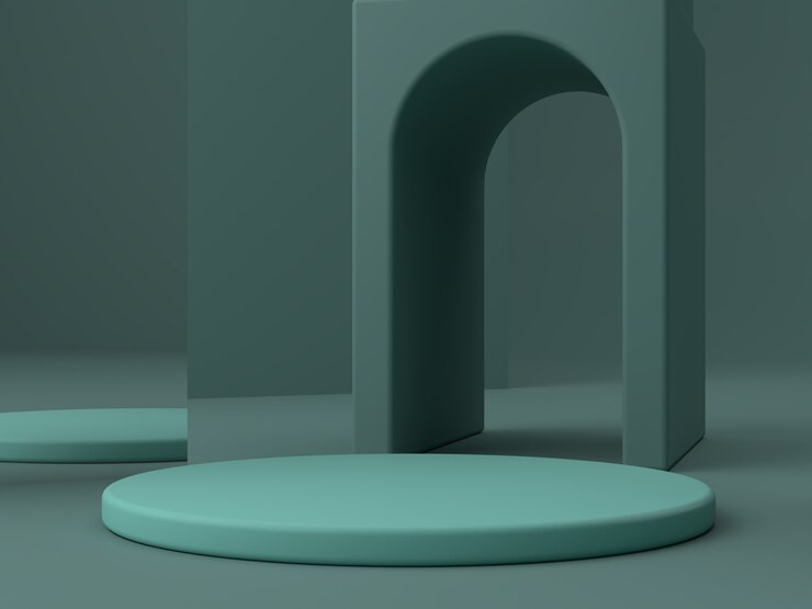 Minimale scène met podium en abstracte achtergrond. Geometrische vorm. Groene kleurenscène.