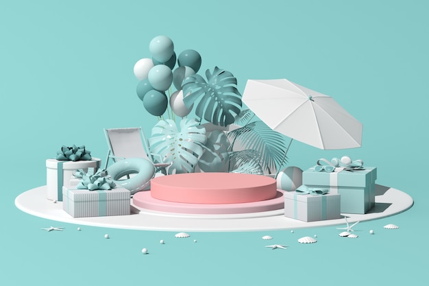 Minimale scène van geometrisch rond podium met ballonnen en plant voor productpresentatie, zomerconcept, 3D-rendering.