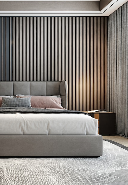 Minimale slaapkamer interieur mock up, grijs bed op lege muur achtergrond, scandinavische stijl, 3d render