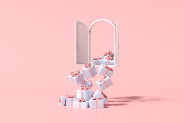 Minimale trendy scène van wit raam en vallende geschenkdoos op roze achtergrond, 3D-rendering.