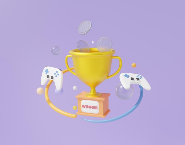 Minimale trofee cup pictogram met munt drijvende paarse pastel achtergrond schattig glad kampioen 1e winnaar concept joystick controllers spel esport entertainment 3d render illustratie