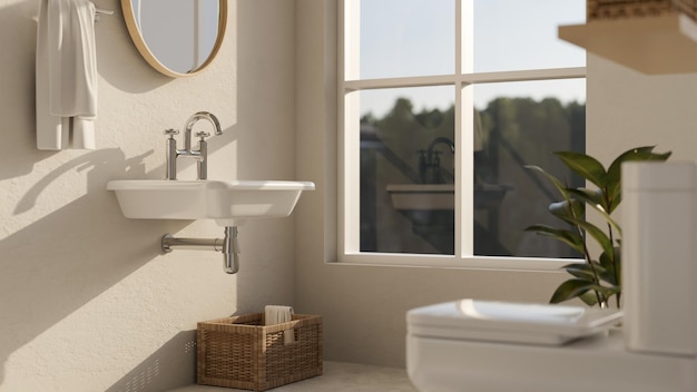 Minimale witte badkamer met wastafelspiegel en handdoek op witte muur en raam met uitzicht op de natuur