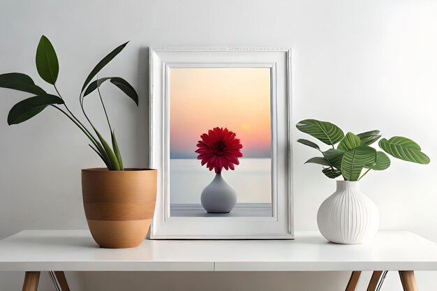 Minimale witte fotolijst canvas display met bloem in vaas