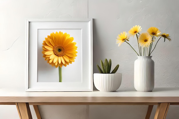 Minimale witte fotolijst canvas display met bloem in vaas