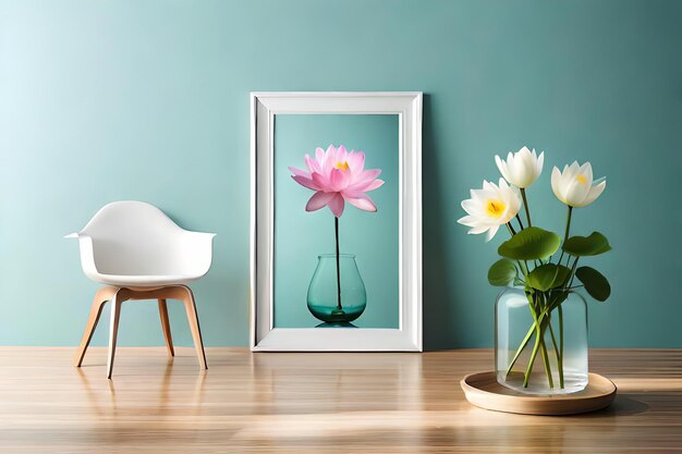 Minimale witte fotolijst canvas display met bloem in vaas