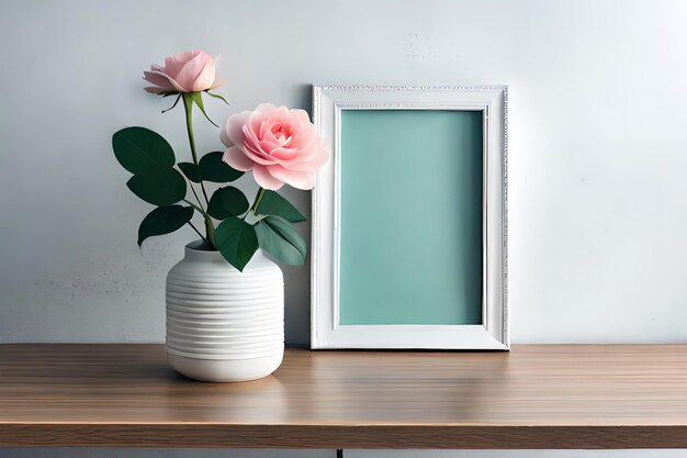 Minimale witte fotolijst canvas display met bloem in vaas