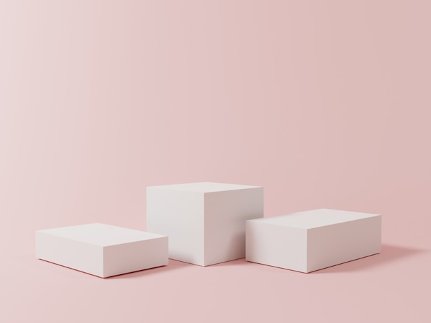 Minimale witte kleur van drie lege kubuspodiums met roze pastelachtergrond voor het tonen van productpresentatie, 3D-rendering technisch concept.