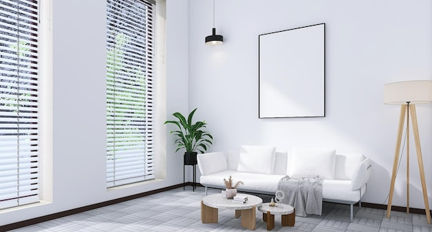 Minimale woonkamer interieur met lege fotolijst mockup sofa windows witte achtergrond