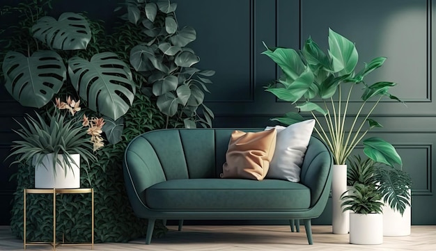 Minimale woonkamer met binnenbank en groene natuur tropische plantendecoratie Generatieve AI