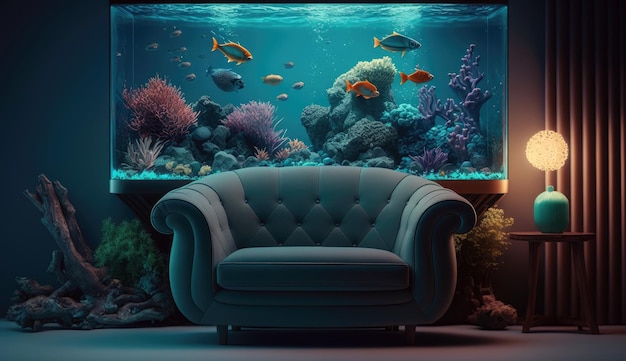 Minimale woonkamer met binnenbank en onder de zeeaquarium of aquarium Generatieve AI