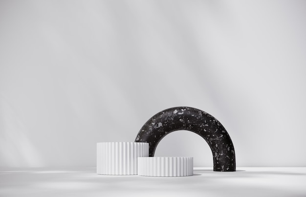 Minimale zwart-wit esthetische showcase 3d render boog frame en podium