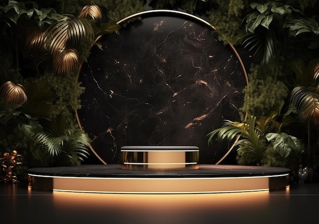 Minimale zwarte scène met geometrische vormen en palmbladeren Cylindrische gouden en zwarte podium achtergrond 3D-podium voor het weergeven van een cosmetisch product AI Generatief