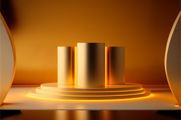 Minimalism abstract background pedestal illustration, podium, stage, gold background, generative ai