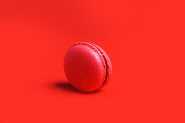 Minimalism, abstraction. One coral or pink French macaroon on a red background, closeup