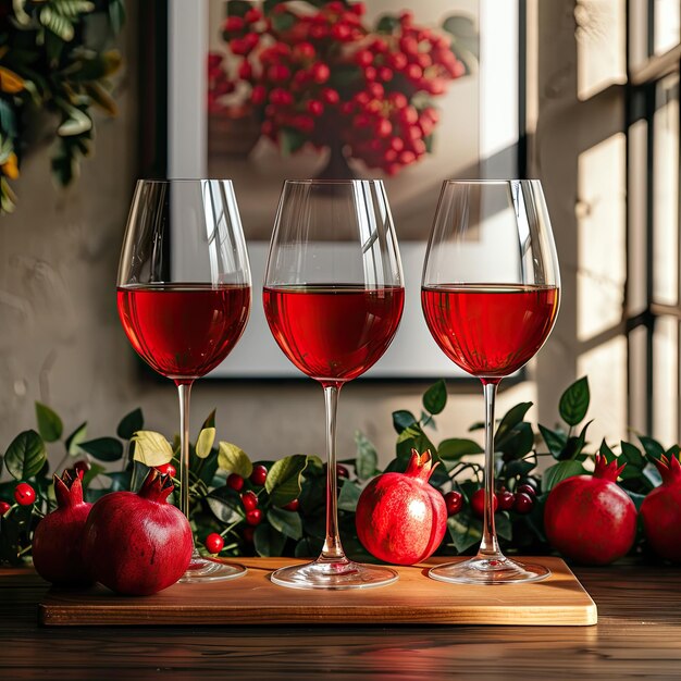 minimalism closeup there are three glasses with pomegranate red wine