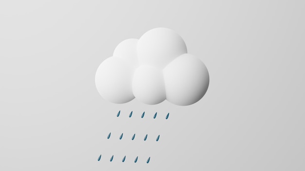 雨の雨のシンボルとミニマリズム雲白い背景の3dレンダリング