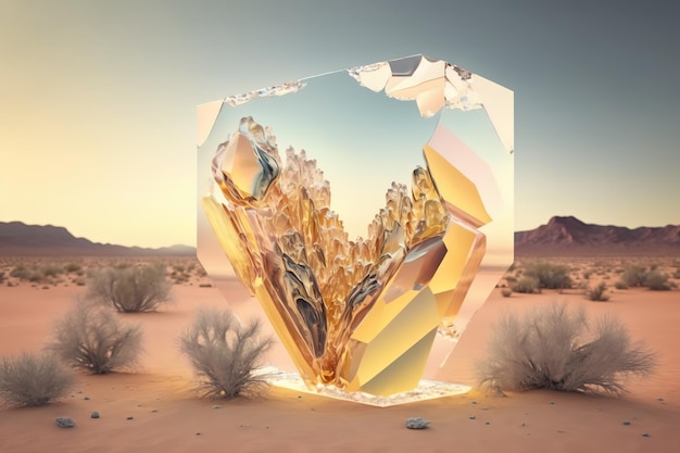 砂漠の風景の中のミニマリズムの幻覚抽象的な透明な形のクラスター