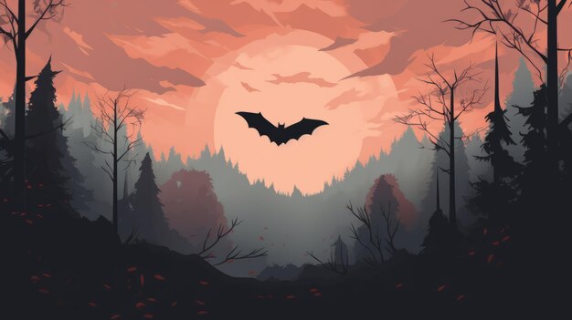 Photo minimalism illustration of a bat flying in a forest