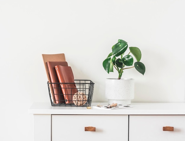 Minimalism interior decor black metal basket with notebook and home flowers on a white table in the living room