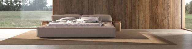 Минимализм современный интерьер спальни в скандинавском стиле с макетом деревянной стены