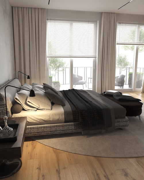 Minimalism modern interior bedroom with panoramic windows with bed and bedside tables and bench. 3d rendering.