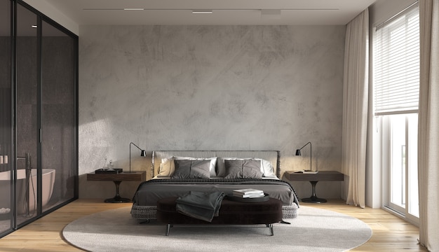 Minimalism modern interior design bedroom with panoramic windows.