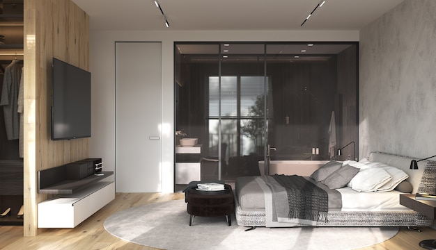 Minimalism modern interior design bedroom with wardrobe and TV zone.